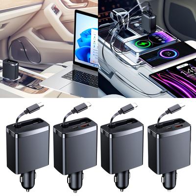 Retractable Car Chargers 125W , 3 In 1 Fast Car Phone Chargers,1 Retractable Cable 35Inch and 2 USB Ports for Cellphone