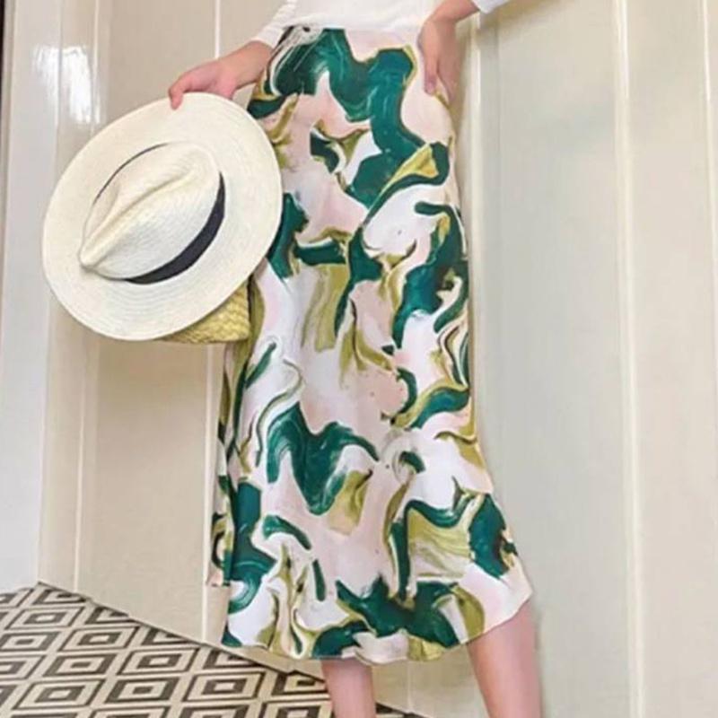 Qooth  Floral Trumpet Skirt Mid length Satin Casual Elastic Waist Printed Maxi Skirt QT1855