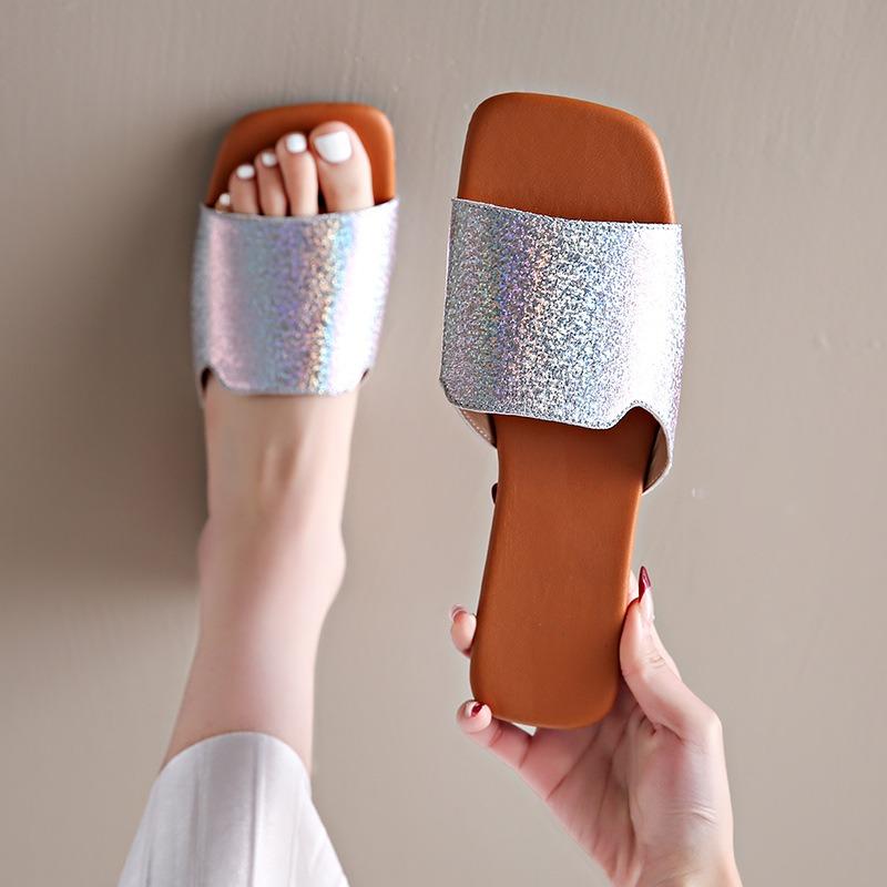 Large Size Color Matching Summer New Square Head Flat Bottom Fashion Casual Wear One-character Sandals Women