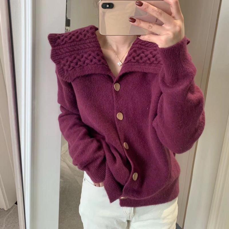 

Sweater Jacket Women s Fall and Winter Doll Lapel Loose Lazy Lazy Navy Wind Versatile Outside The Knitted Cardigan Comfortable Versatile Fashionable One size фіолетовий