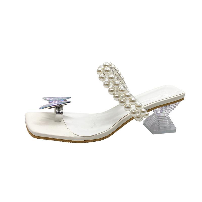 2024 Verão Salto Médio Moda Pérola Mulheres Chinelos Sapatos Novos Flor Flip Flops Sandálias Vestido Mulheres Bohemia Casual Senhoras Slides