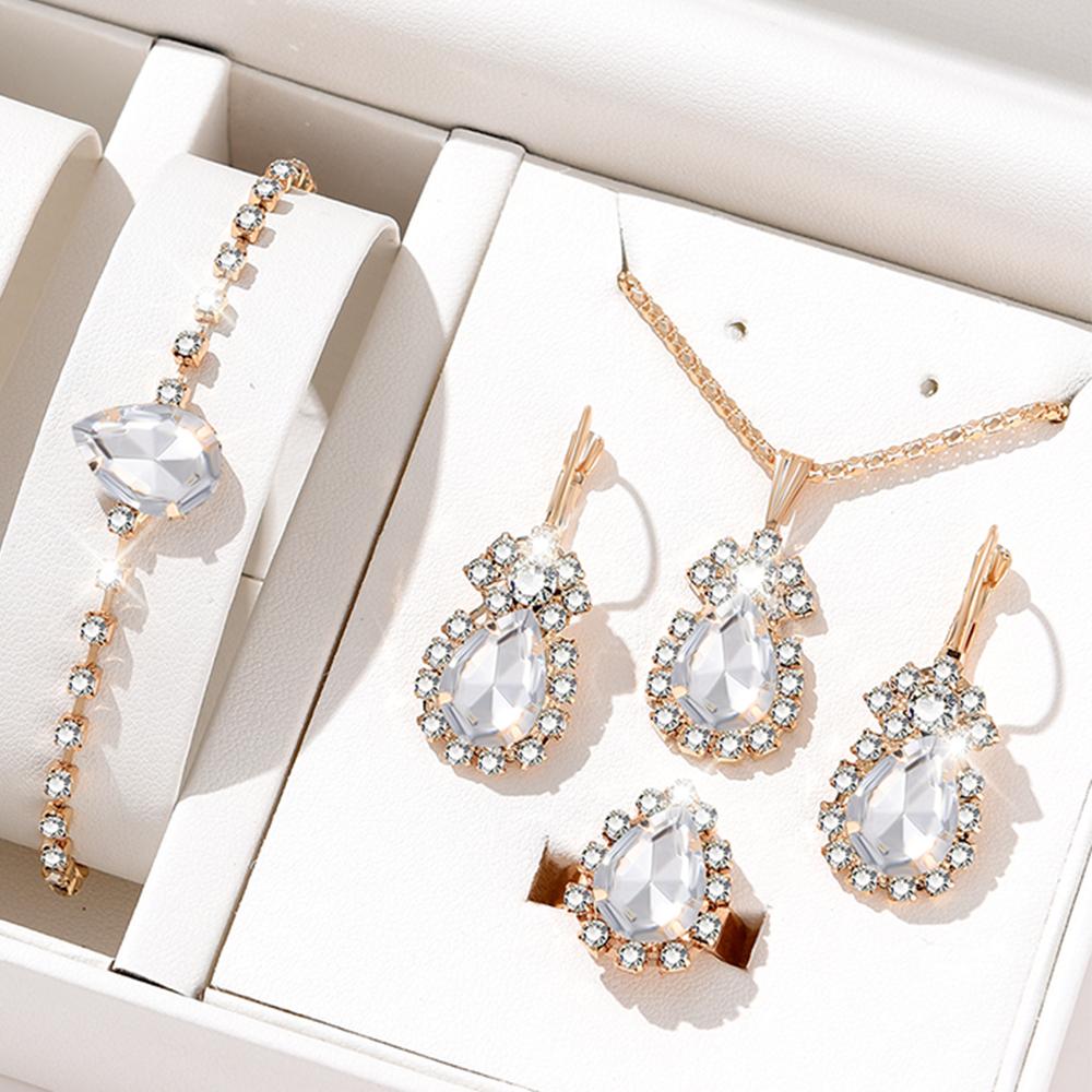5 Piece Set For Women Personalized Fashion Minimalist And High-end Water Droplet Diamond Necklace Earrings Ring Bracelet Set