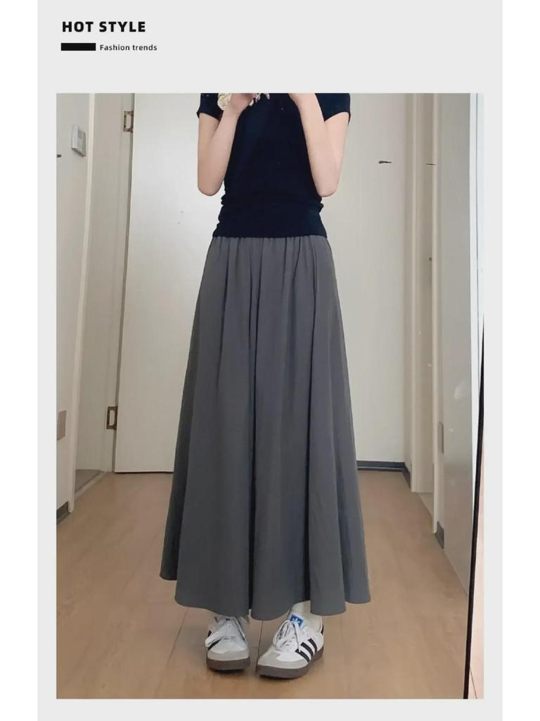 2025 Summer Women's Blue A-Line Pleated Midi Skort with High Waist and Wide-Leg Design