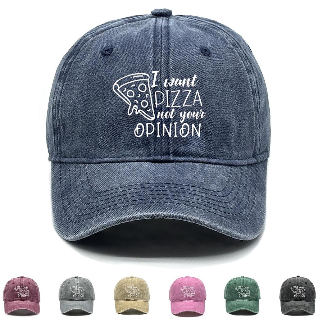 I want pizza not your opinion" Print Snapback Sun Hat, Trucker Hat Sun Protective Sporting Headwear Distressed Adjustable Baseball Hat