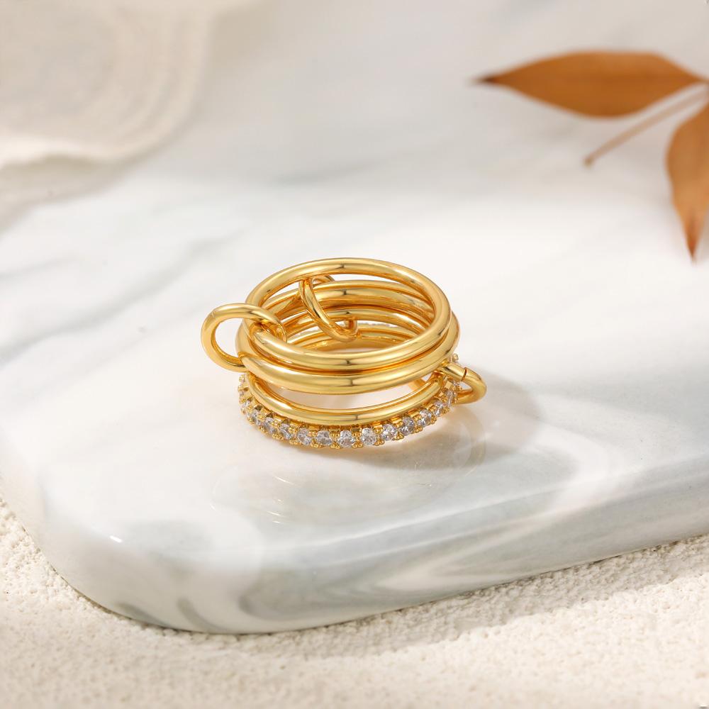 Gold Color Multi Layer Connecting Ring for Women Shiny Cubic Zirconia Chain Stainless Steel Link Ring Stackable Wedding Jewelry