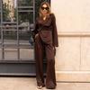 Cross-border European and American Women's Clothing  Fashion Temperament Lace-up Long-sleeved Casual Commuting Simple Wide-leg Pants Set