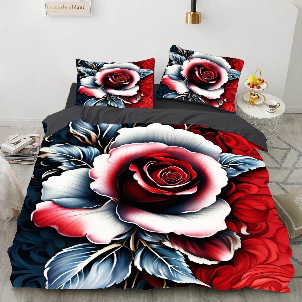 3-teiliges 3D-Blumen-Bettwäscheset Bunte Rosen-Bettbezugsets Blumen-Bettwäsche Rotes Rosen-Design Sonderanfertigung King Queen Full Size 260X240