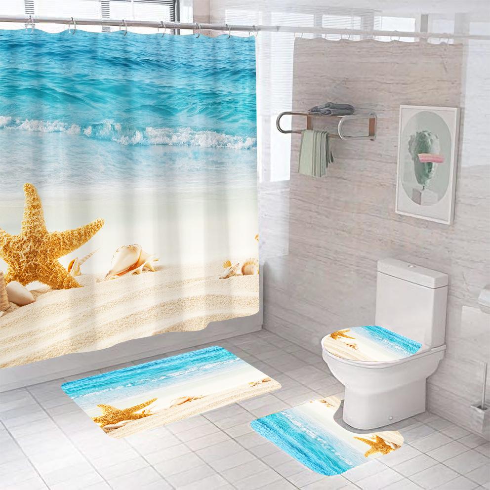 Bathroom Shower Curtain Four-piece Digital Printing Beach Shell Waterproof Shower Curtain Shower Curtain Partition Curtain Bath Mat