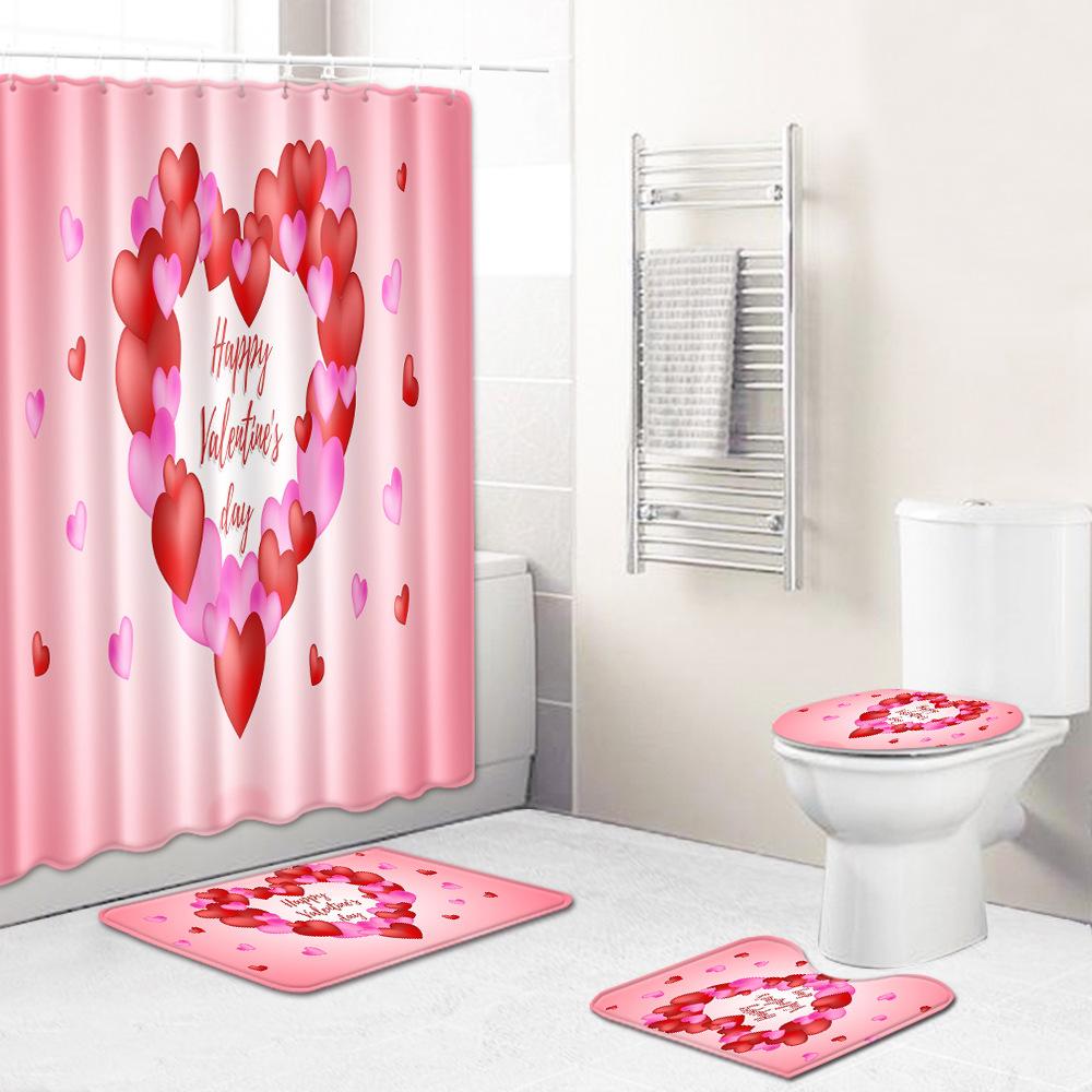 Love Valentine'S Day Shower Curtain Floor Mat Four-Piece Set Bathroom Non-Slip Door Mat Bedroom Carpet