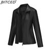 BITCED Fashion Women's Leather Jacket, Short Leather Jacket, Knitted Patchwork Stretch Coat