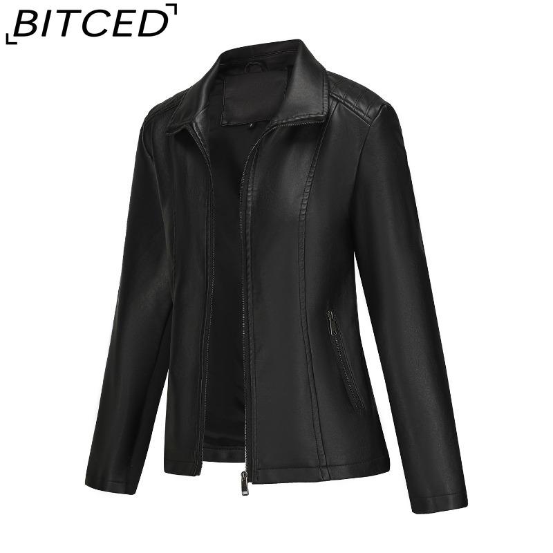 BITCED Fashion Women's Leather Jacket, Short Leather Jacket, Knitted Patchwork Stretch Coat