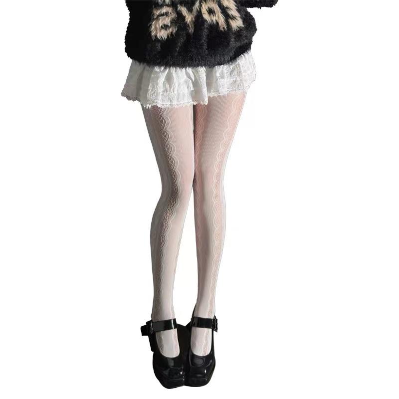 New Women Lolita Lace Jacquard Pantyhose Side Hollow Out Heart Pattern Tights High Stockings Japanese Style Jk