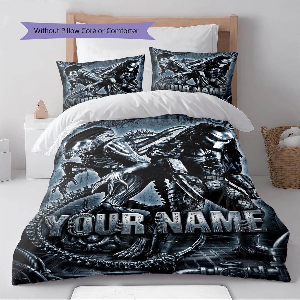 Name Custom Aliens Monster Pattern Bedding Set Quilt Cover Pillowcase Home Decor Gift (1 * Duvet Cover + 2 * Pillowcase, Without Core)