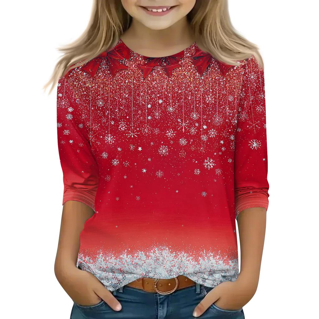 Christmas Day Print Tops For Youth Girls 4-11 Years Round Neck 3/4 Sleeves T-Shirts Trendy Tops Outfit Tees