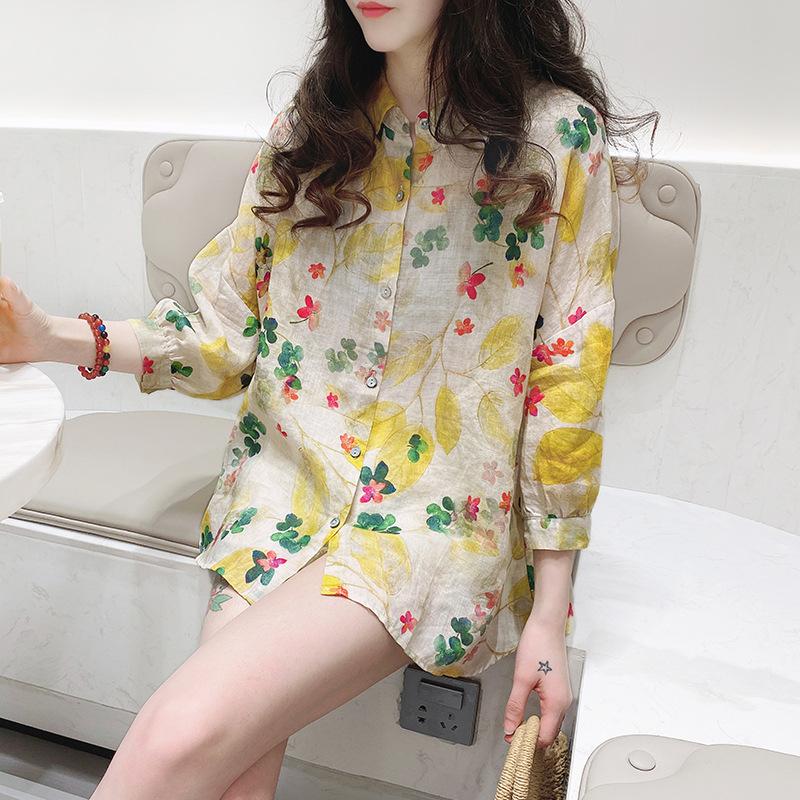 Women's Floral Shirt Long Sleeved Shirt Top Korean Version Loose Bat Sleeve A-line Floral Shirt