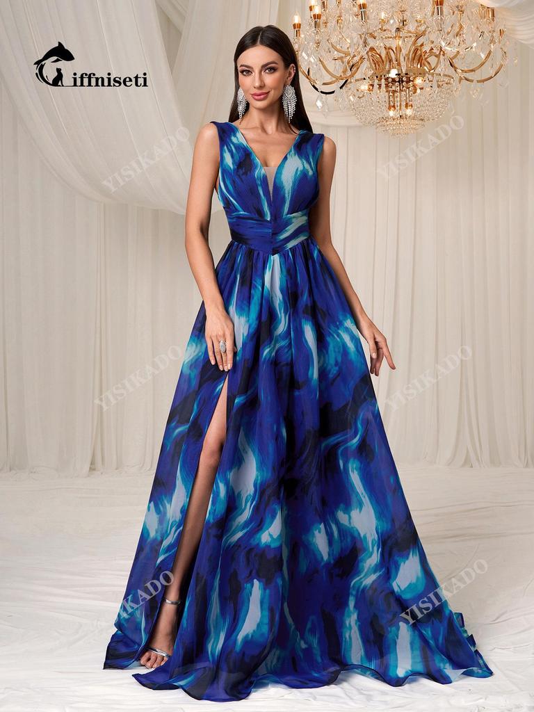 2025 Elegantes ärmelloses Maxikleid im europäischen & amerikanischen Tie-Dye-Stil mit Schlitz - MGN1886
