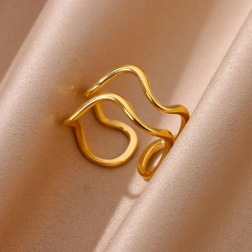 Retro Irregular Geometric Chunky Opening Rings for Women Stainless Steel Gold Color Ring Aesthetic Wedding Waterproof Jewelry