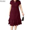 ZANZEA Women Casual V-Neck Short Sleeve Ruffles Hem Dress