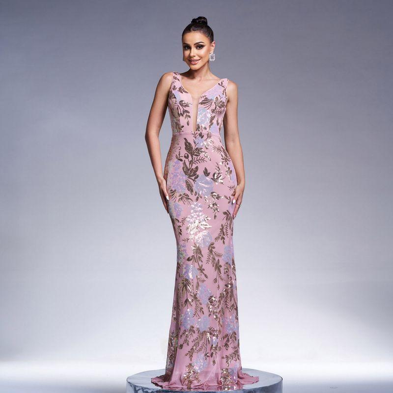 Cross-Border European and American High-End Elegant and Sexy Sleeveless V-Neck Sequined Evening Gown Bridesmaid Dress for Women Pink M