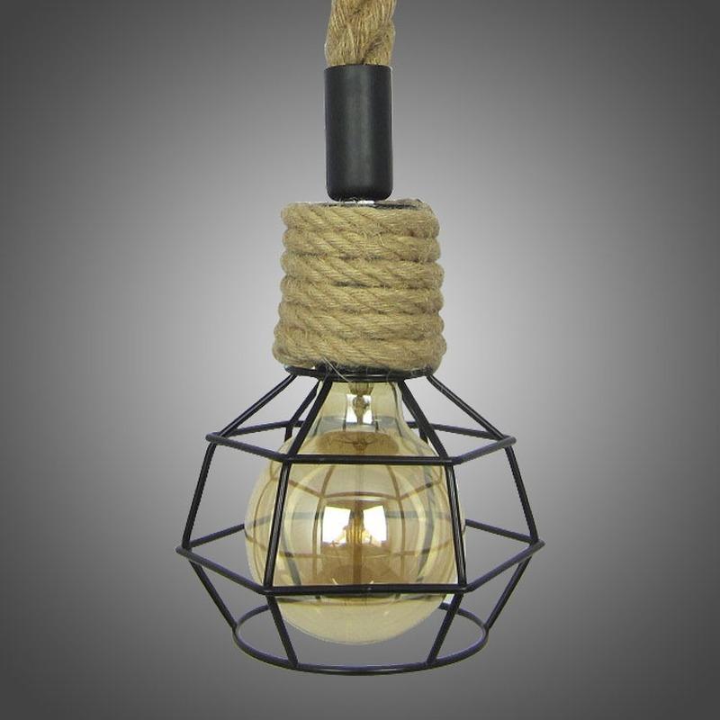 Creative Retro Hemp Rope Pendant Lamp Restaurant Bedroom Rope Lights Living Room Corridor Morden Iron Bird Cage Hanging