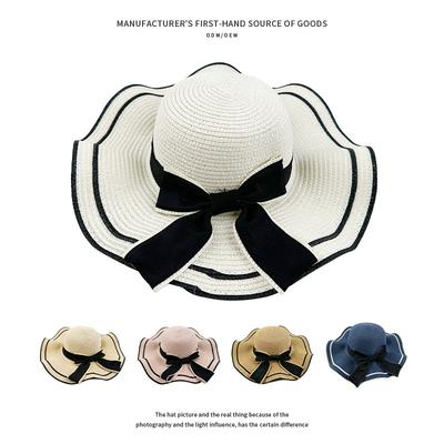 Small Fragrant Wind Wavy Edge Straw Hat Outdoor Large Brim Bow Sun Hat Women's Sun Protection Beach Hat