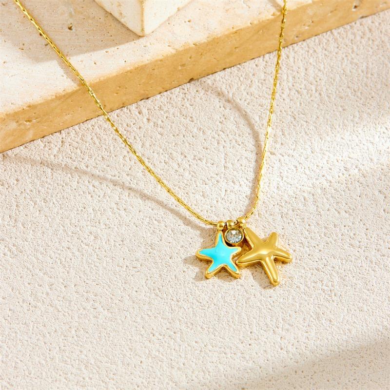 Gold Starfish Pendant Necklace Turquoise Blue Star Charm Necklace for Women Daily Wear