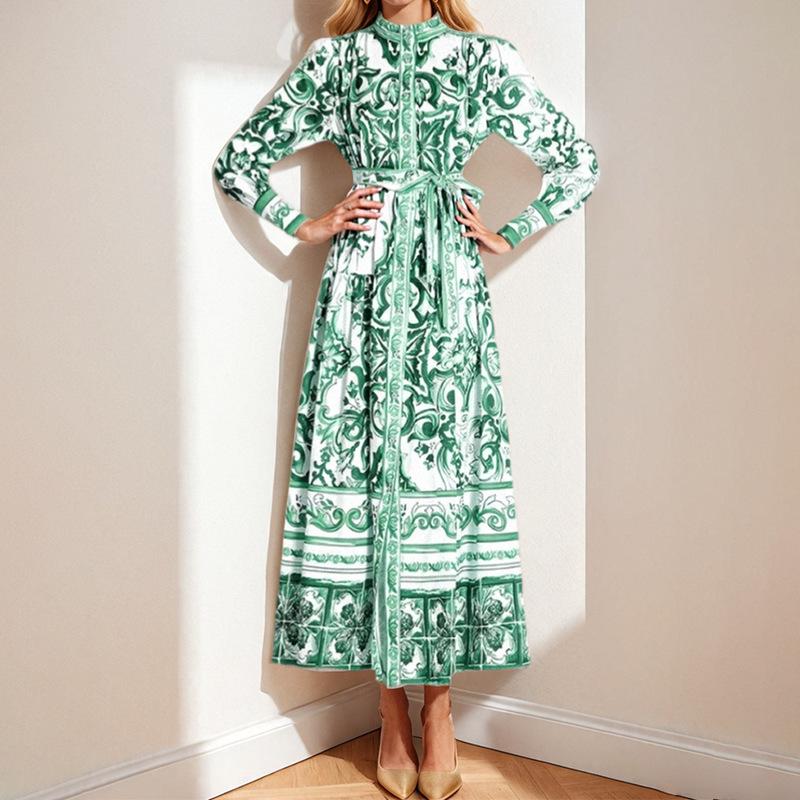2026 Spring Women s Lantern Sleeve Printed Lapel Waist-Cinching Long Hem Dress Medium зелёный
