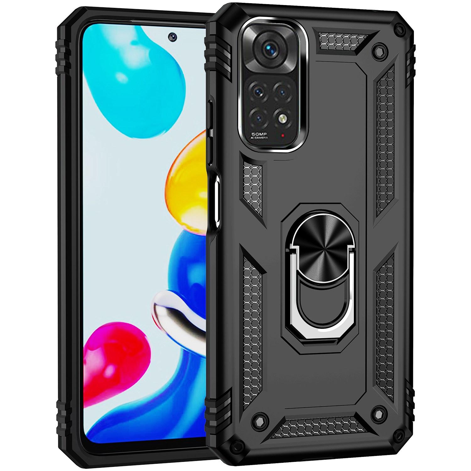 

For Xiaomi Redmi Note 11S 4G/Note 11 4G (Qualcomm) Phone Case Anti-Scratch Shockproof Hard PC Soft TPU Protective Cover with Rotatable Ring Kickstand Black