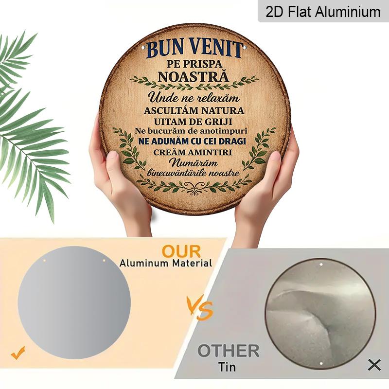 2D Flat - 1pc Aluminum Round Sign, Vintage Plaque About "Welcome", "We Relax, Listen To Nature, Forget Worries, Enjoy Time, Reunite with Loved Ones
