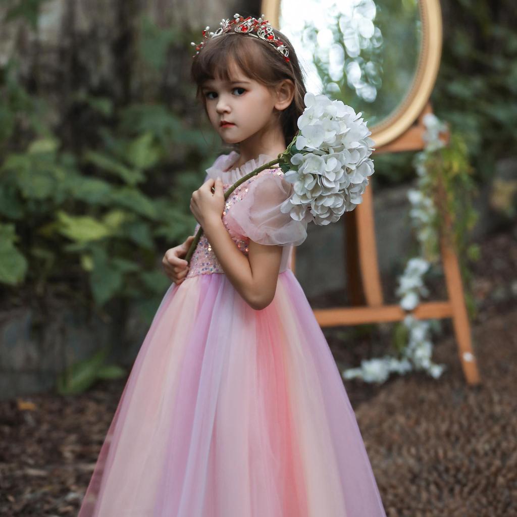 Dziecięca Sukienka Formalna z Cekinami i Bufiastymi Rękawami z Tęczową Tiulową Spódnicą - Idealna na Urodziny lub Występy