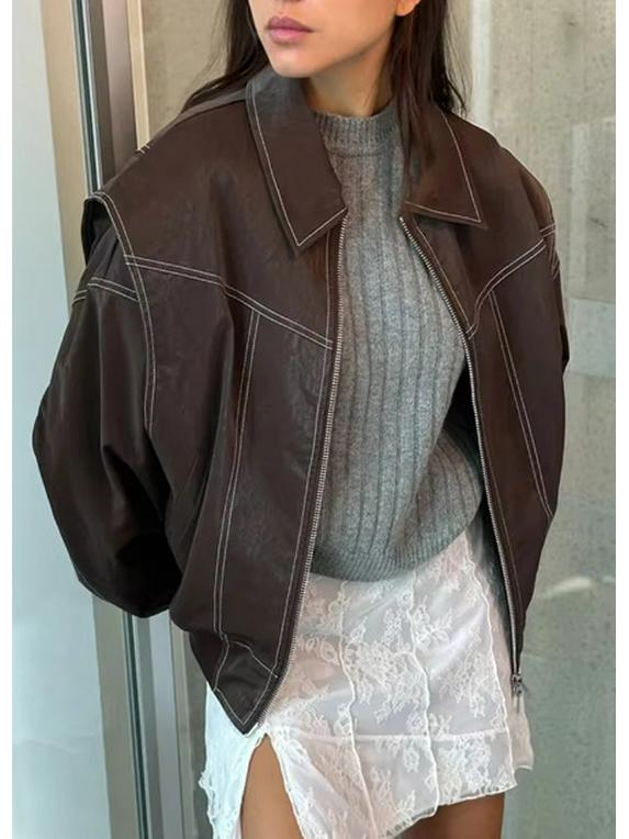 Retro Spliced Leather Zipper Jacket - Fall/Winter 2024, Long-Sleeve Lapel Coat