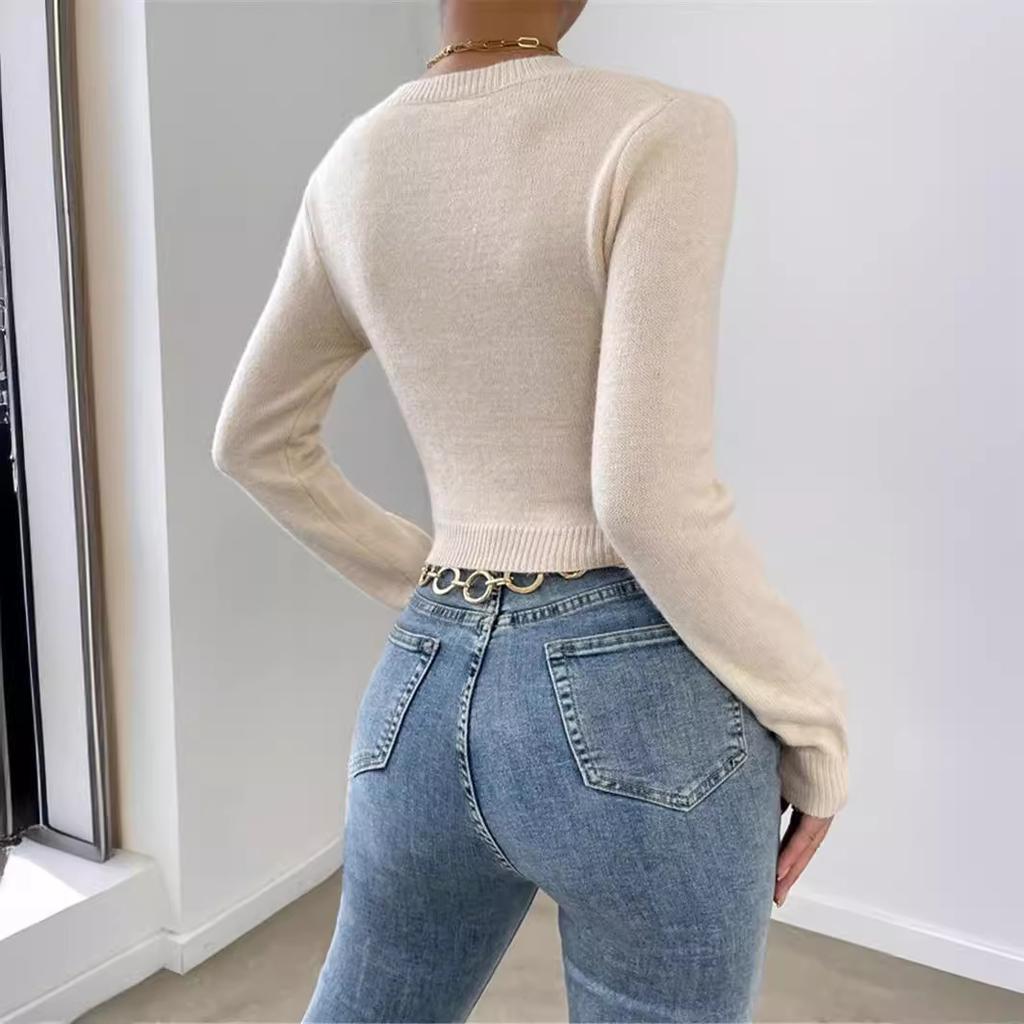 Autumn And Winter Slim Women's Fashion Solid Colour Versatile Round Neck Design Cross Knit Top Sweater
