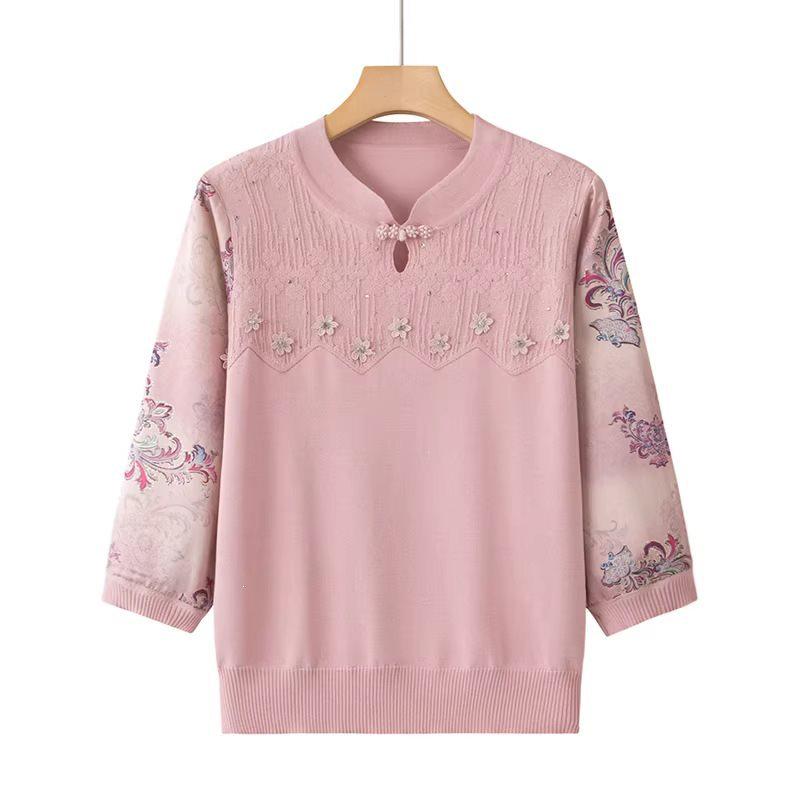 Elegant Ice Silk Knit Top for Stylish Moms (50-60 Yrs) - Summer Wear
