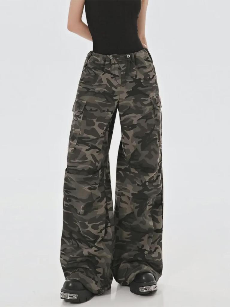 Women's 2024 Retro High-Waist Camouflage Wide-Leg Pants - Army Green, Casual Hip-Hop Style