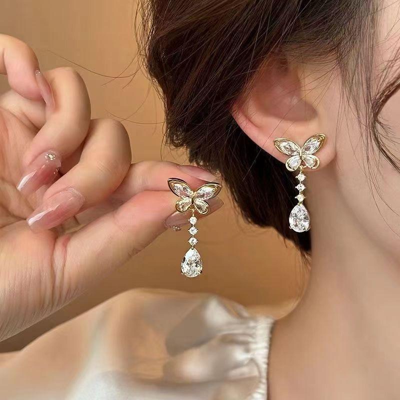 Shiny Rhinestone Butterfly Water Drop Tassel Earrings for Women Crystal Zircon Pearl Long Earring Party Daily Jewelry Gifts