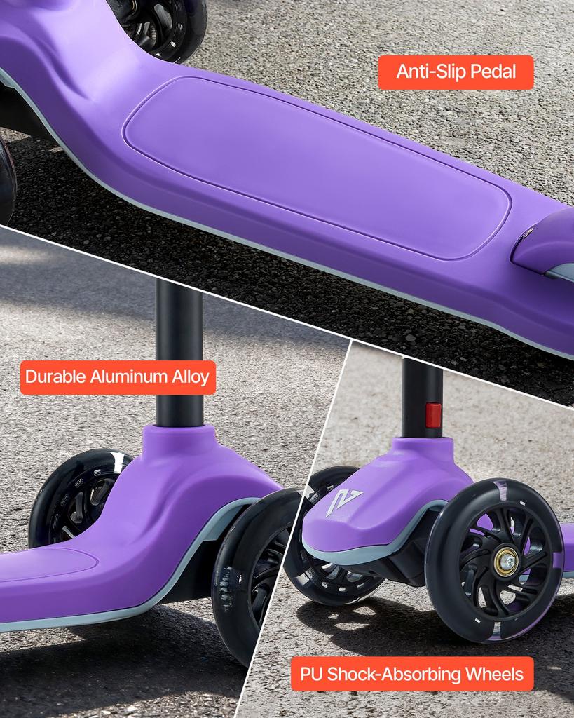 VEVOR Kick Scooter for Kids Ages 3+, 3-Wheel Toddler Scooter with Light-Up Wheels, Adjustable Height Handlebar, Wide Anti-Slip Deck