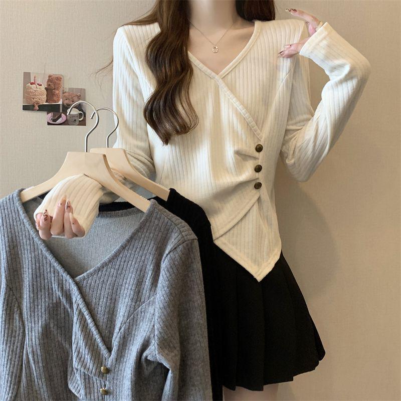 Women's Plus Size Ribbed Irregular Long Sleeve Top - Korean Style, Loose Fit, Slimming Base Layer for Autumn/Winter.