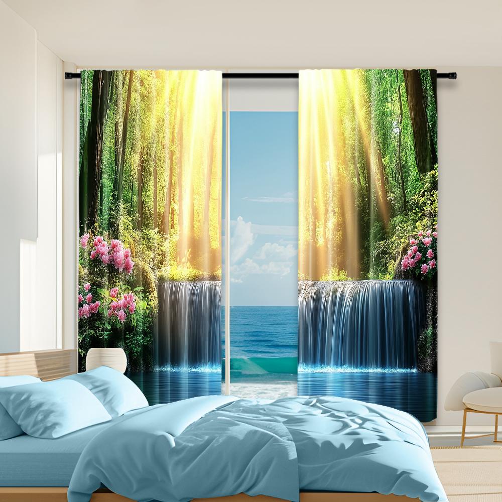 2Pcs Nature Forest Landscape Sunshine Window Curtain Waterfall Drapes For Bedroom Living Room Kitchen Office Home Decoration 100*130 Rod Pocket 1pcs