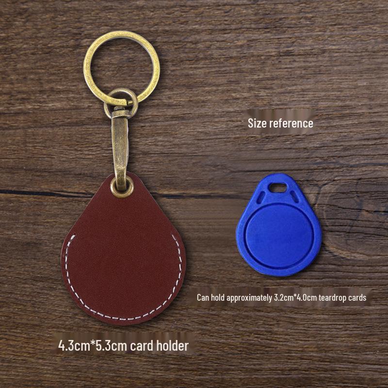 Premium Cowhide Access Card Holder & Leather Keychain for Elevators & Buses Teardrop shape brown