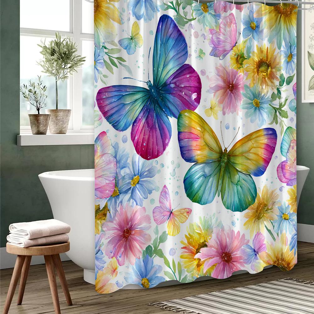 1 pc Colorful Flowers and Butterflies Print Shower Curtains With Hooks Bathroom Curtain Home Decoration Curtain Machine Washable