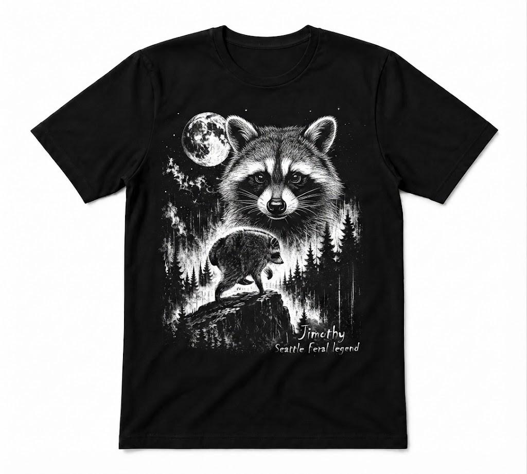 Jimothy Raccoon Seattle Feral Moon Funny Animal Black T-shirt