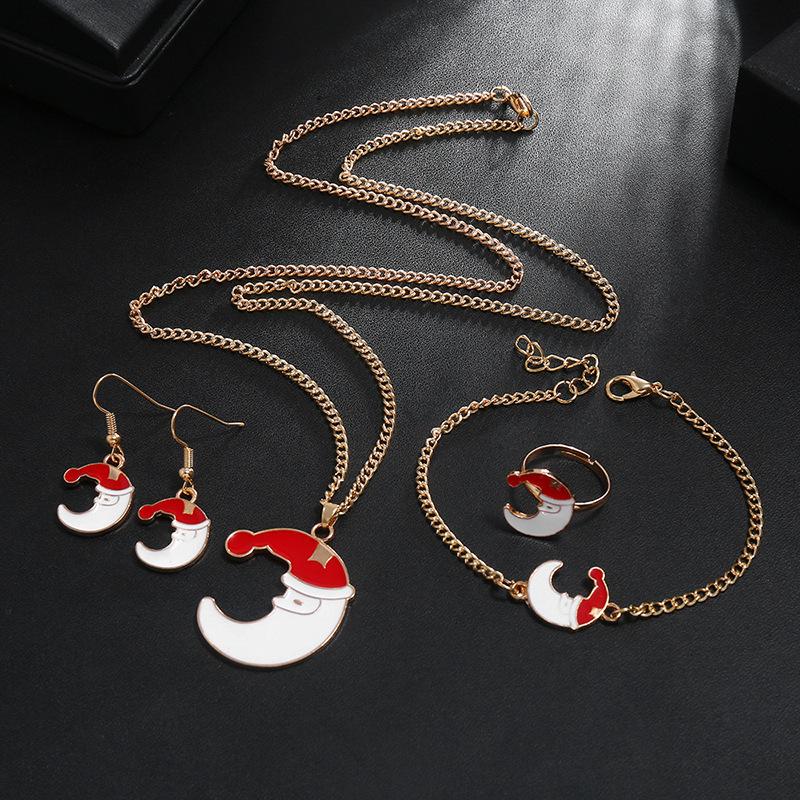 Christmas Cute Santa Necklace, Ring, Earrings & Bracelet Set - European & American Style