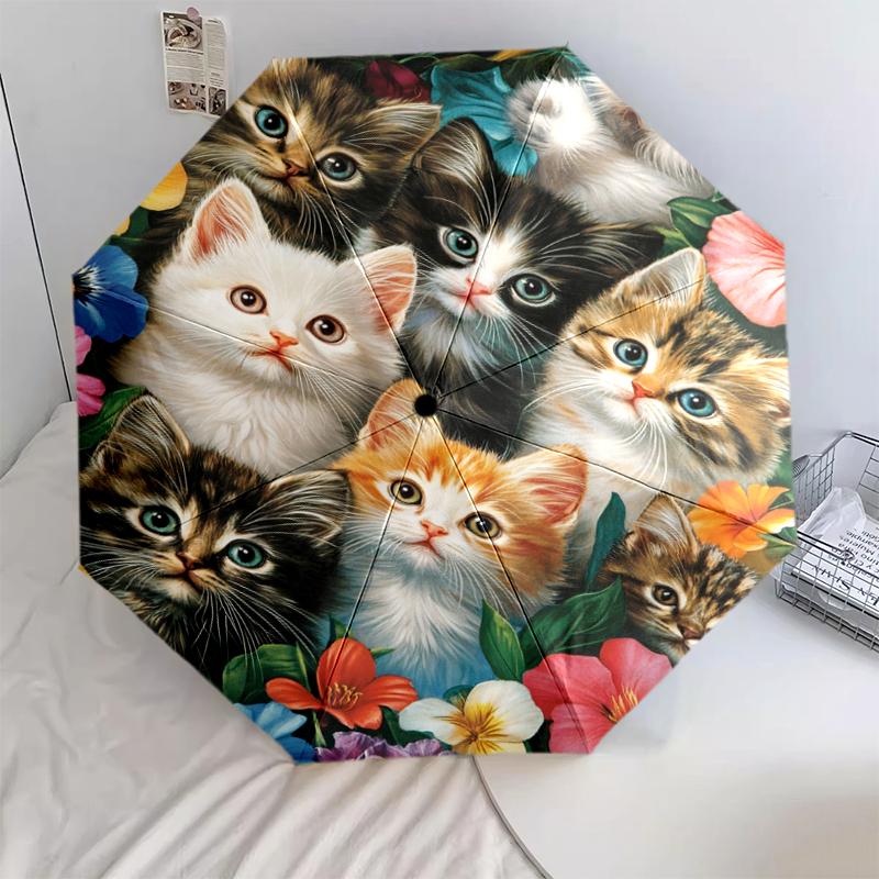 1 PC Automatic Folding Umbrella - Puppies Kittens Pattern, Portable & Foldable Design with 8 Ribs, Christmas Birthday Gifts