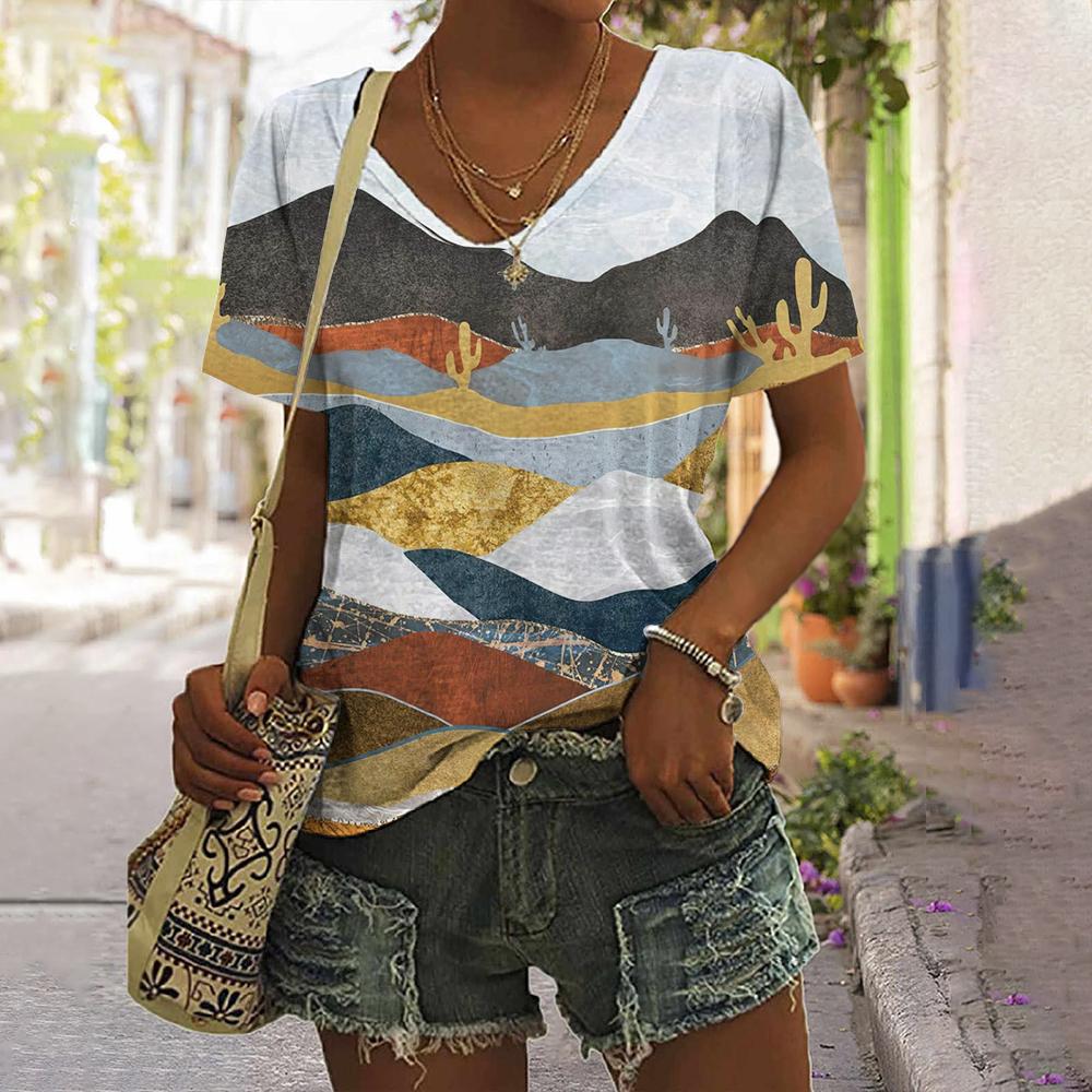 Printed Striped T-shirt New Simple Clothes Casual V-neck Short-sleeved T-shirt Retro T-shirt Summer