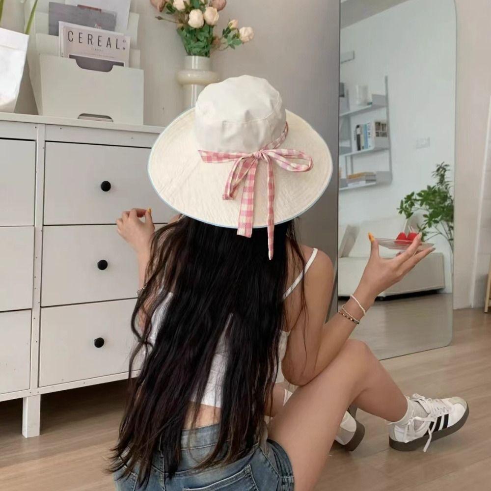 Big Brim Hiking Fisherman Hat Sunscreen Plaid Hiking Cap Fashion Drawstring Sun Hat  Male