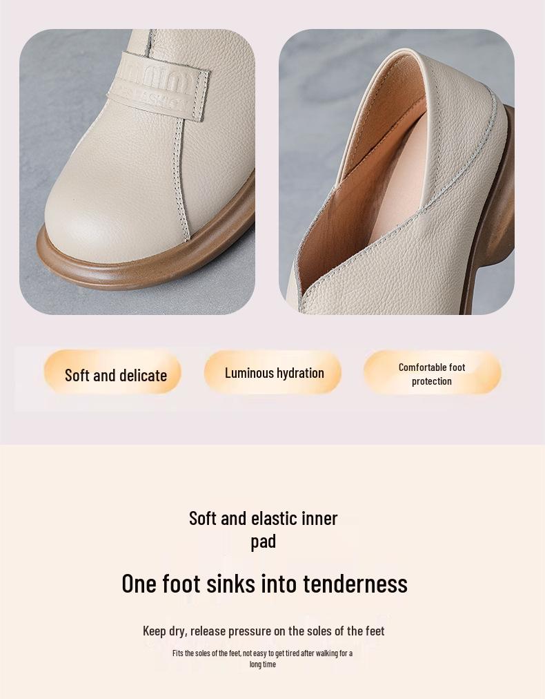 Retro British Style Women's Wide Fit Leather Chunky Heel Shoes - Top Grain Cowhide Round Toe Mom Shoes.