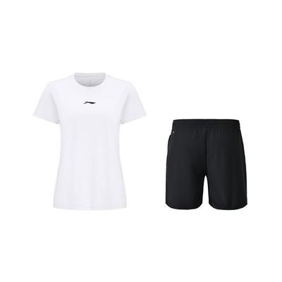 Li Ning Ligero Suave Transpirable Ajustado Cintura Manga Corta Deportivo Color Sólido Versátil Secado Rápido Shorts Conjunto Casual Mujer conjuntos ATSV616-3+AKSUA22-1