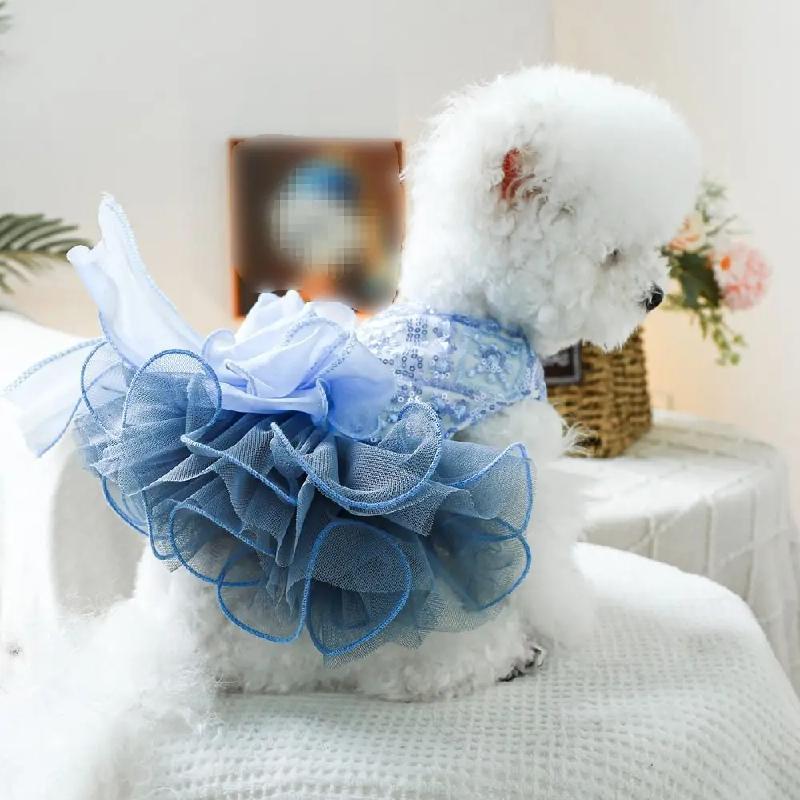Puppy Gown Fluffy Pet Princess Dress Soft Cute Puppy Fairy Skirt Blue Big Bow Cat Dog Wedding Dress Birthday Party