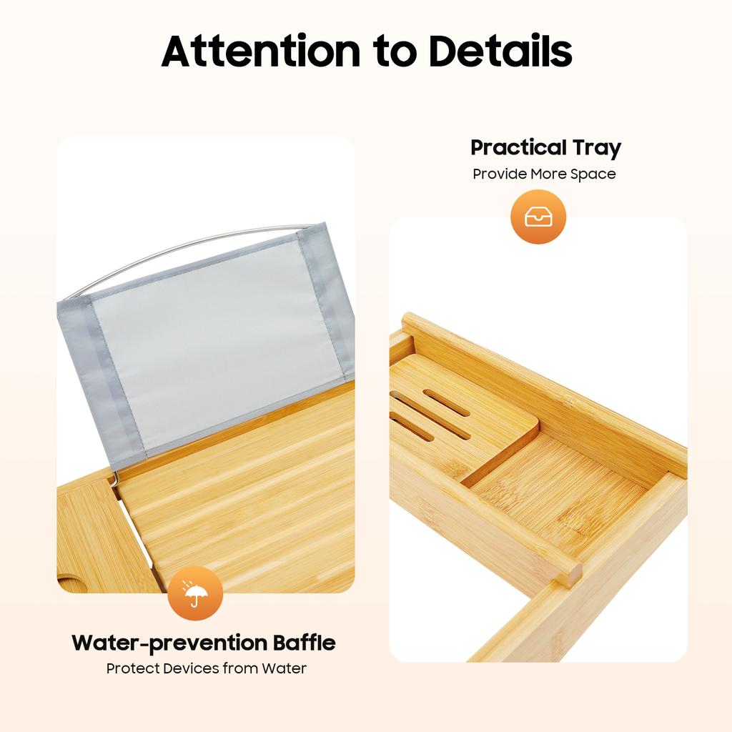 Extendable Bamboo Bathtub Tray Retractable Bathtub Shelf with Soap Box Single Box Waterproof Fabric for Bathroom