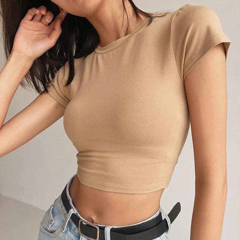 Women's European & American Style Summer Crop Top - Round Neck, Short Sleeve, Solid Color